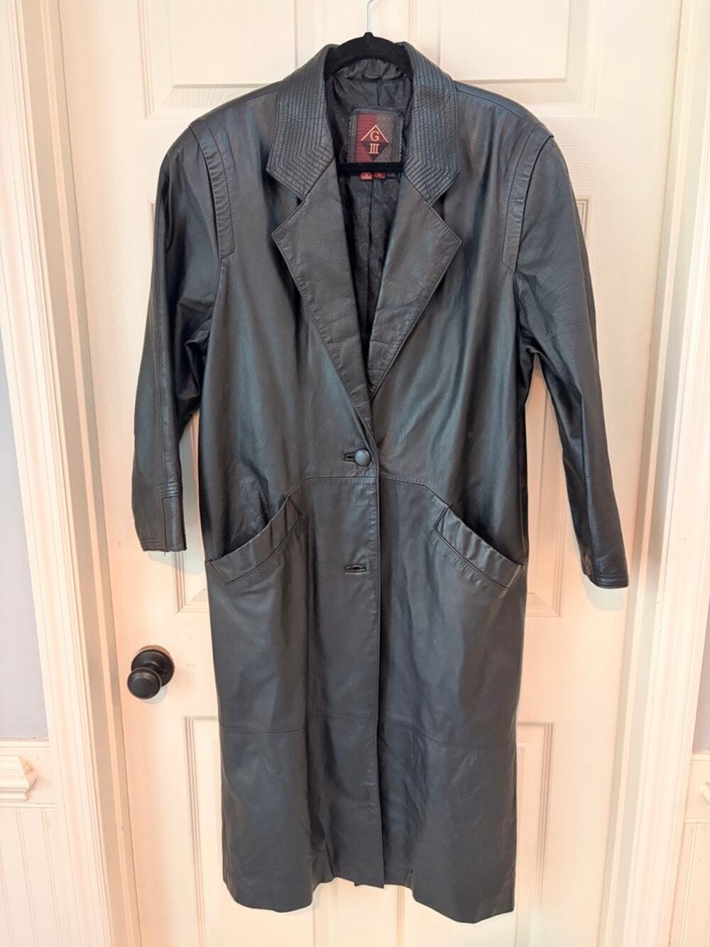 Vintage G III Black Leather Trench Coat M 90s Longline Y2K